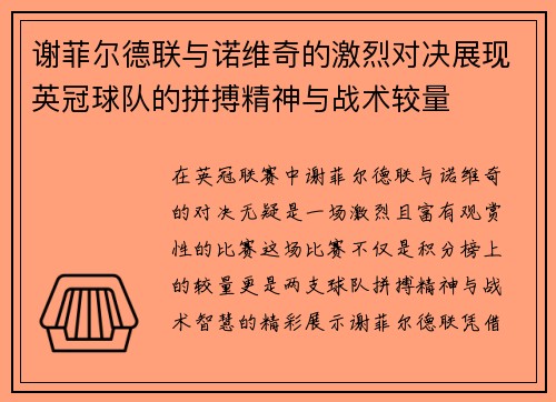 谢菲尔德联与诺维奇的激烈对决展现英冠球队的拼搏精神与战术较量