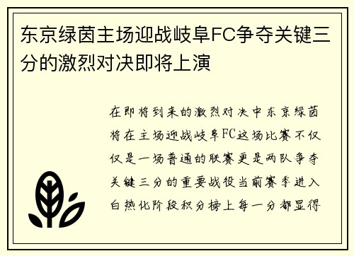 东京绿茵主场迎战岐阜FC争夺关键三分的激烈对决即将上演