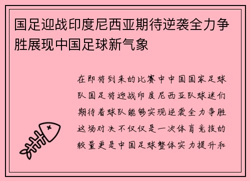 国足迎战印度尼西亚期待逆袭全力争胜展现中国足球新气象