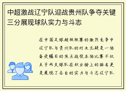 中超激战辽宁队迎战贵州队争夺关键三分展现球队实力与斗志