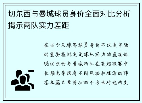 切尔西与曼城球员身价全面对比分析揭示两队实力差距