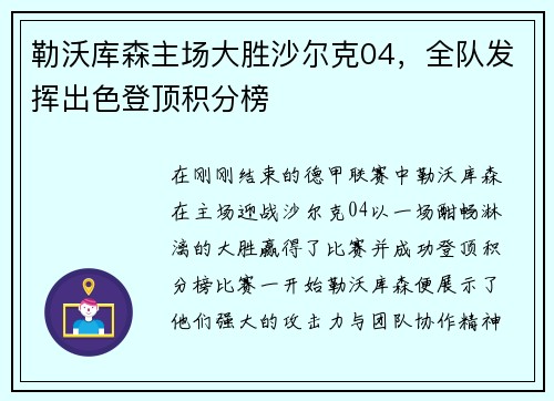 勒沃库森主场大胜沙尔克04，全队发挥出色登顶积分榜