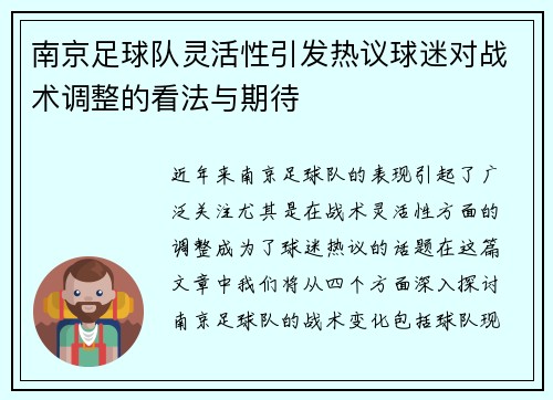 南京足球队灵活性引发热议球迷对战术调整的看法与期待