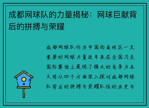 成都网球队的力量揭秘：网球巨献背后的拼搏与荣耀