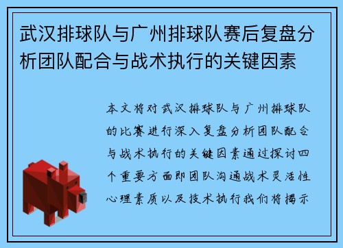 武汉排球队与广州排球队赛后复盘分析团队配合与战术执行的关键因素