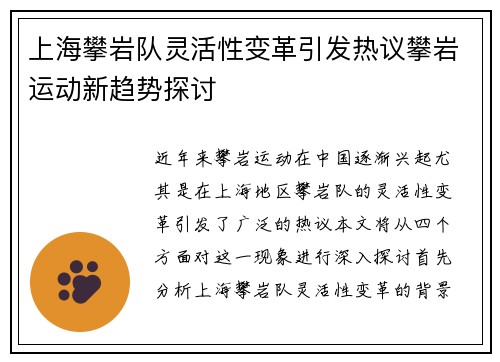 上海攀岩队灵活性变革引发热议攀岩运动新趋势探讨