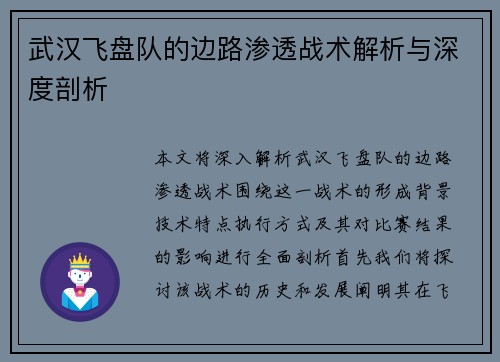 武汉飞盘队的边路渗透战术解析与深度剖析