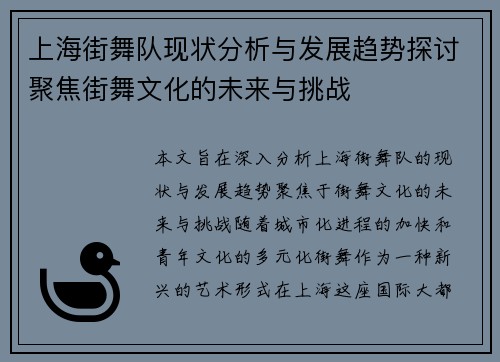上海街舞队现状分析与发展趋势探讨聚焦街舞文化的未来与挑战